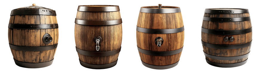 Obraz premium Set of various classic wooden bourbon barrel isolated on transparent background