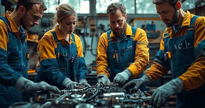 Four people in workwear gather around machine parts in a dimly lit workshop setting. They are focused and engaged in assembly work, illuminated by soft lighting. The background is blurred
