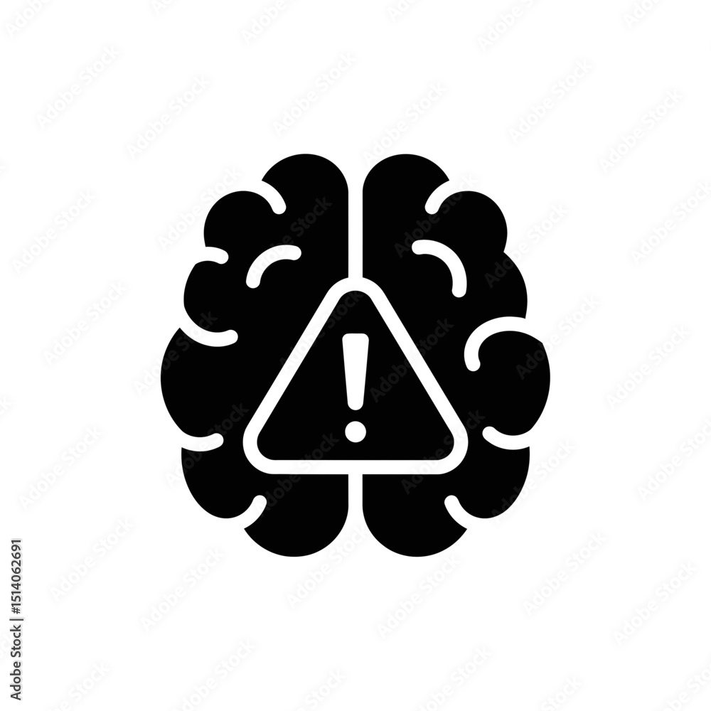 Poster brain warning icon with alert symbol in minimalist design