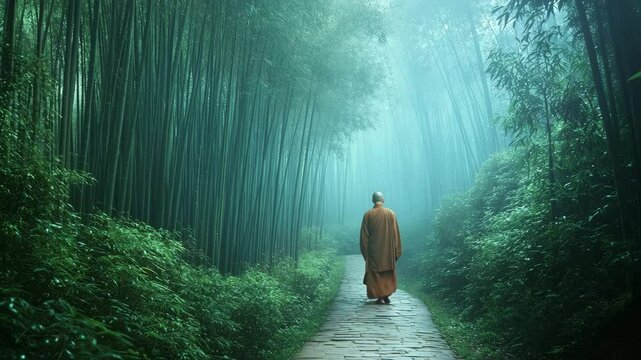 Monk Walking in Misty Bamboo Forest Spiritual Journey