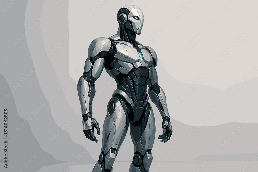 Poster advanced ai robot: futuristic humanoid android character with sleek metallic armor and glowing blue 
