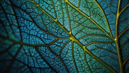 Macro Closeup of Leaf Venation in Blue and Green Light, Science Close up Vein Background

