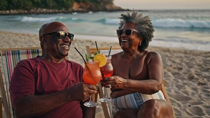 happy adults african american man and woman sitting in beach chairs with drinks, summer day, tropical resort - Powered by Adobe