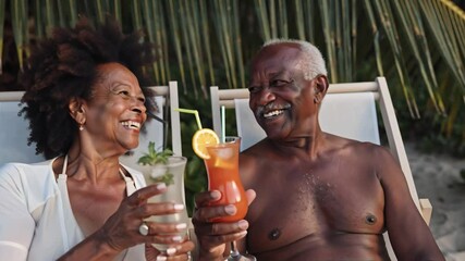 happy adults african american man and woman sitting in beach chairs with drinks, summer day, tropical resort - Powered by Adobe