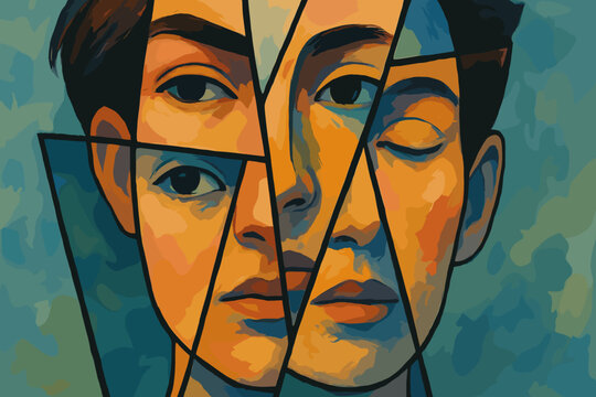Fragmented Identity Crisis: Abstract Portrait with Geometric Division. Mental Health, Psychological Concept. Broken Self Image, Inner Conflict, Mind Puzzle, Persona Split - Powered by Adobe