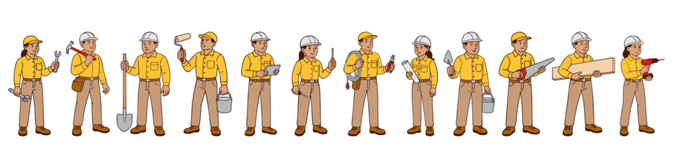 Hand-drawn set of male and female construction workers with helmets and tools. Workers in different poses with various equipment. Clean line art vector illustration isolated on white background