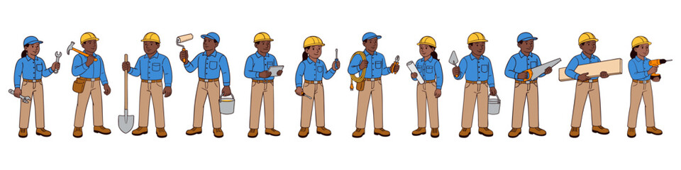 Hand-drawn set of male and female construction workers with helmets and tools. Workers in different poses with various equipment. Clean line art vector illustration isolated on white background