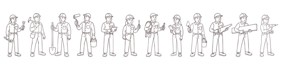 Hand-drawn lineup of construction workers with tools and helmets. Male and female characters in full-body poses for coloring and educational materials. Clean vector outline illustration on white