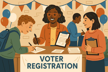 Voter registration event illustration. Diverse people signing up to vote, exercising civic duty. Community engagement for democracy, election participation, citizens filling forms at a table.