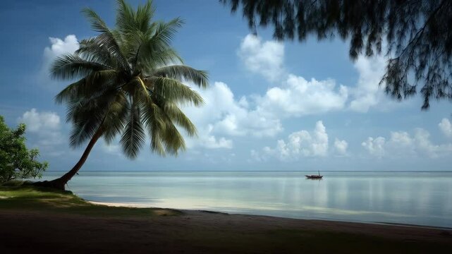 View of small outrigger boat on glassy sea, white sand beach, palm tree and blue sky with cumulus clouds