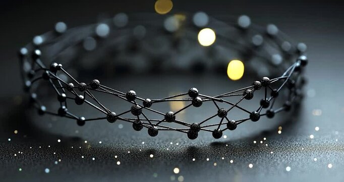 A black wireframe crown placed on a dark surface with bokeh effect in the background, representing a technical or abstract theme
