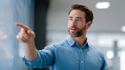 Software consultant in business casual, guiding employees through platform demo on large screen, corporate training room with glass partitions