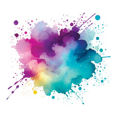 Bright watercolor splash with vibrant gradient colors from purple to blue and yellow. Artistic vector isolated ink blot with splatters on white background, perfect for modern design projects.
