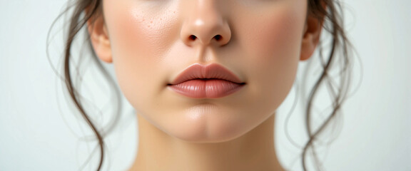 wide closeup photo of beautiful woman's face looking at the camera with macro details and smooth skin texture 