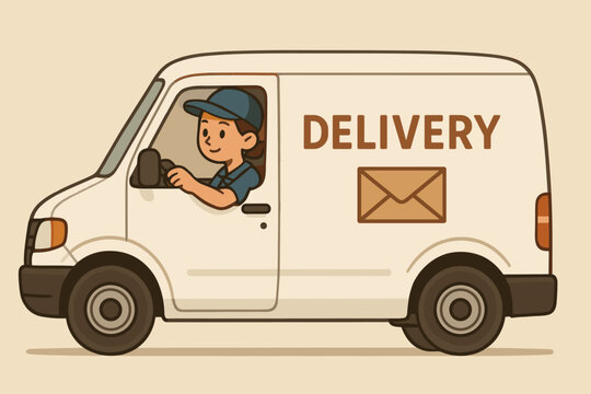 Express Courier Van Delivery Illustration: Fast Shipping, Logistics, Distribution, Mail Service, Driver, Cargo Transport, Package Delivery Vehicle, Modern Design