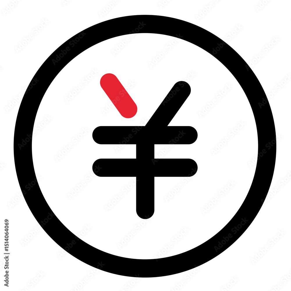 Poster illustration of a yen symbol inside a circle with a red accent mark on the upper left side element