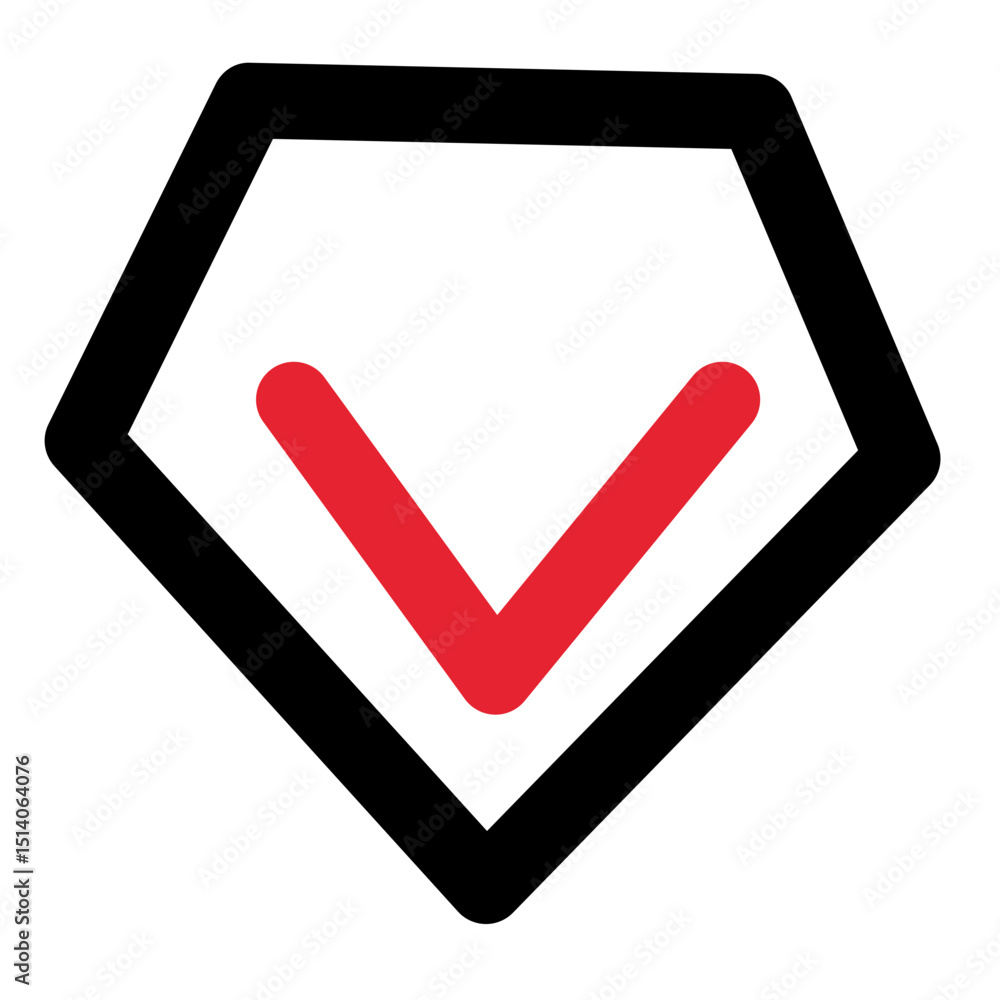 Poster black outlined pentagon shape with a red v shape inside isolated on a white colored background view