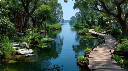 Peaceful village pond with wooden walkways high resolution photo