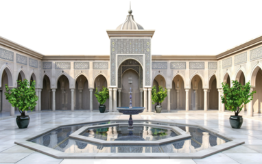 A Traditional Islamic Courtyard Featuring a Central Fountain Isolated on Transparent Background