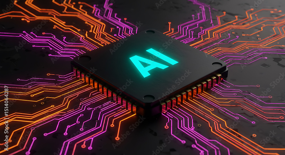 Poster artificial intelligence processor chip with glowing circuitry