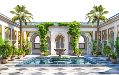 A Beautiful Islamic Courtyard Centered Around a Flowing Fountain Isolated on Transparent Background