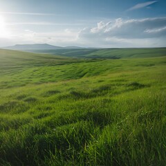 Fototapeta premium Lush green grass covers rolling hills beneath a partly cloudy sky on a sunny day