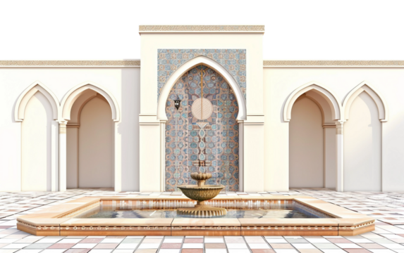 A Serene Islamic Courtyard Embracing a Central Water Feature Isolated on Transparent Background