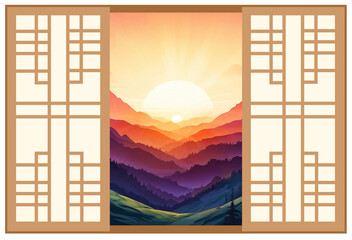 
명절,한국전통,한국명절,설,설날,새해,추석,한가위,소나무,전나무,잔나무,나뭇가지,창호지,창호문,명절배경,수채화,감나무,병풍