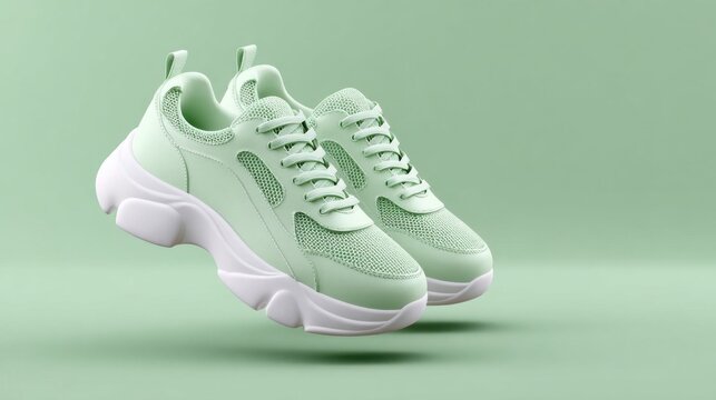 Stylish mint green sneakers with thick soles, suspended mid air on a soft pastel background