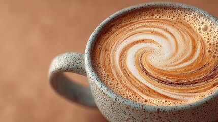 A steaming cup of coffee with a swirling foam pattern perfect for cozy mornings and warm bever