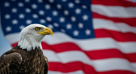 Bald Eagle Majestic Portrait with Waving American Flag