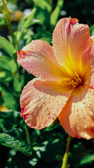 Fototapeta premium Dewy Peachy Hibiscus Flower in Sunlight