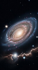 Spiral Galaxy with Pink Star Clusters and a Nebula in a Starry Night Sky