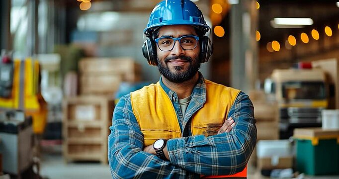 Portrait of a male worker in a blue hard hat, wearing safety glasses and a vest, standing in a workshop. Blurred background, bokeh lights. Focused on work, industrial theme
