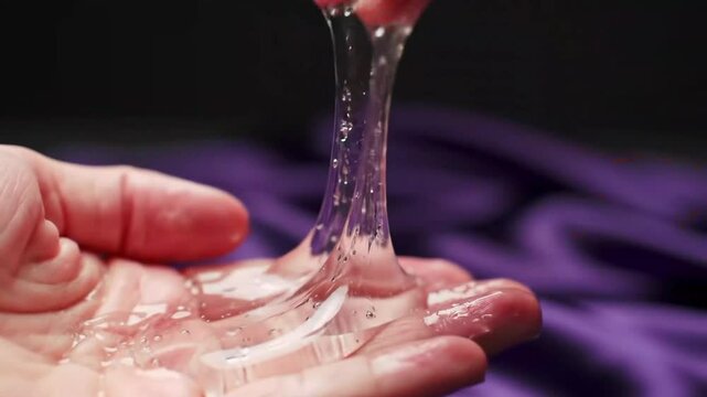 Hand Play with Stretchy Clear Slime Featuring Viscous Texture in Dark Background with Violet Fabric at Eye Level