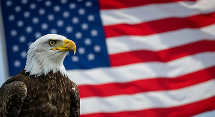 Naklejka premium Bald Eagle Portrait with Waving United States Flag