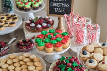 Festive Christmas dessert table with a variety of mini cupcakes, tarts, and candy canes. A sweet holiday candy bar or buffet setup for a party or celebration.
