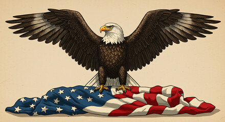 Naklejka premium Bald Eagle Standing on American Flag - Patriotic Illustration