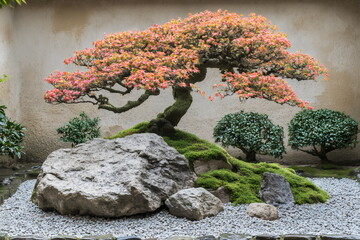 Bonsai tree adorned with vibrant blossoms in a tranquil Japanese garden setting