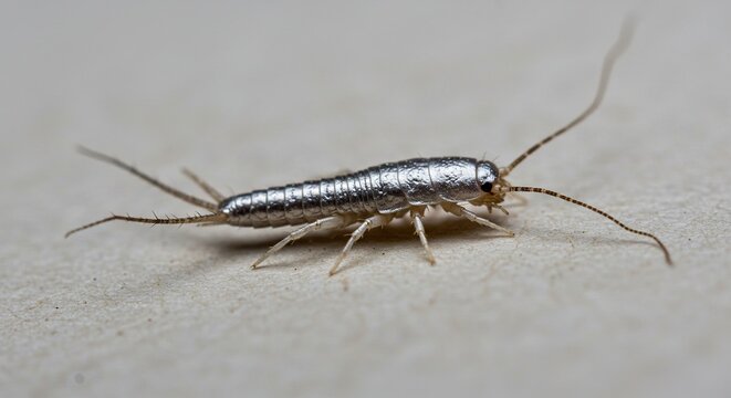 Close up macro photography of a silverfish insect pest control and extermination tips for homeowners on transparent background