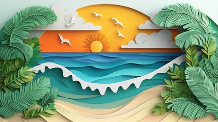 Obraz premium Vibrant Stylized Seascape with Curved Palm Fronds and Bright Sun Over Exotic Island