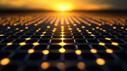 Fototapeta premium Sunset Grid Network; Golden Nodes; Distant Horizon; Technology Concept