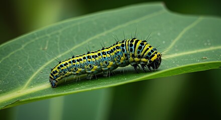Fototapeta premium Colorful caterpillar larva insect on green leaf nature photography macro close up wildlife animal on transparent background