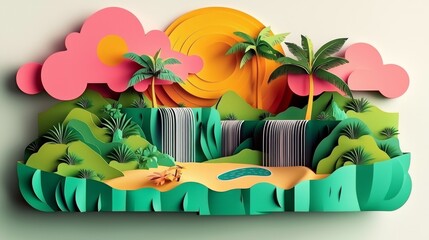 Serene Floating Island Above Clouds with Palm Trees and a Shimmering Waterfall