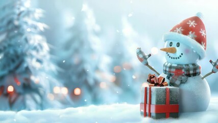 A whimsical winter scene featuring a cheerful snowman holding a gift against a backdrop of snow-covered trees and gently falling snowflakes, conveying the magic of the season. - Powered by Adobe