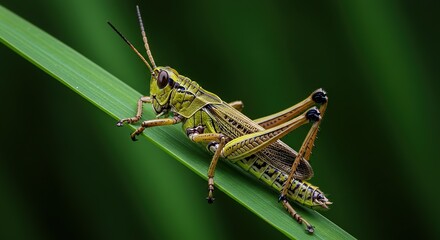 Fototapeta premium Close up macro photography of a green grasshopper resting on a vibrant green leaf in nature setting on transparent background