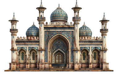 Fototapeta premium Ancient Islamic Mosque Adorned with Intricate Decorative Tiles Isolated on Transparent Background