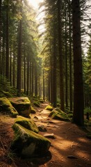 Sunlit Forest Path Winding Through Mossy Rocks