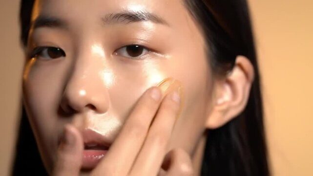Close Up Asian Woman Applying Liquid Foundation on Cheek with Her Fingers in Warm Toned Background with an Eye Level View Perfect for Demonstrating Beauty Application