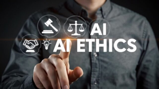 Person points at ai ethics text surrounded by law and technology icons